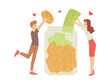 Happy man and woman put banknotes and coins in big glass jar flat style
