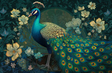 Interior Mural Painting Wall Art Decor With Peacock Sitting On Branches With Flowers In Vintage Style. Peacock Illustration Background. AI Generative