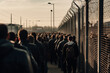 abstract, endless queue of refugees, fictitious place and people. Generative AI