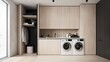 Minimalist laundry room with white cabinets and a folding station, generative ai