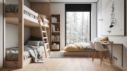 Wall Mural - Minimalist kid's bedroom with a simple bunk bed and playful accents, generative ai