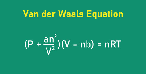 Poster - Van der waals equation in chemistry. Pressure, volume, temperature, gas constant and specific constants for each gas. Vector illustration isolated on chalkboard.