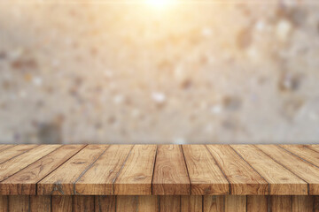 Empty wood table and background blur, Copy Space for Background and product presentation display, 3D illustration, Empty wood table and background blur,