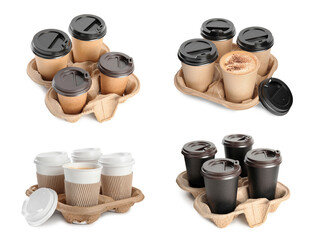 Poster - Takeaway paper cups with coffee in cardboard holders isolated on white, different sides. Collage design