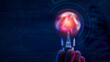© kobps2 - Businessman shows red abstract particles in light bulb, AI artificial intelligence, chat bot, machine learning concept, big data, cloud computing, computer network and futuristic innovation technology