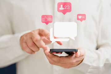 Poster - Young man play on a mobile phone with social media. Concept of living on vacation and playing social media on smartphone, social media and digital online and free time.