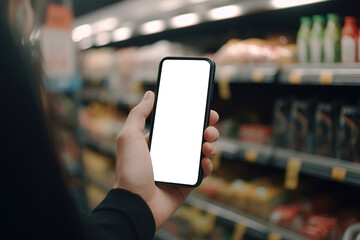 Close-up, hand holding smartphone with empty screen mockup in shopping mall . Generative ai