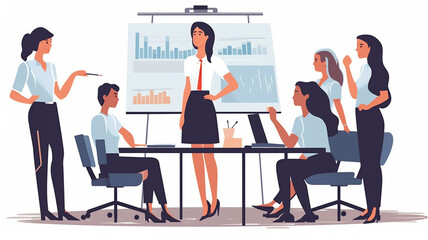 Teamwork or team building, office business meeting illustration. Conference and brainstorming, annual report and statistics graphics, discussion and planning in flat style. Created with Generative AI.