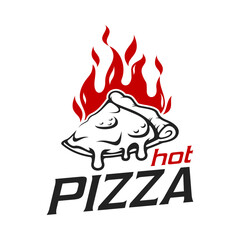 Wall Mural - Pizza icon for pizzeria or Italian restaurant, vector symbol of pizza slice on fire. Pizzeria and fast food pizza bar emblem for oven baked Italian pizzeria sign with pizza slice and cheese drip