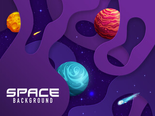 Poster - Space paper cut landscape with stars, planets and comets. Cartoon galaxy vector background with 3d papercut origami layers of abstract geometric shapes. Fantasy space planets on starry sky backdrop