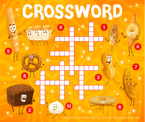 Aufkleber - Crossword quiz grid. Cartoon bakery, pastry and bread characters. Child vocabulary game, crossword grid vector worksheet with cheerful knackebrod, baguette, shokupan and injera, barbari, rye bread