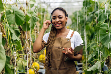 Portrait of of owner african american woman business farmer check quality product, agriculture, healthy, fruit, watermelon in greenhouse melon organic farm