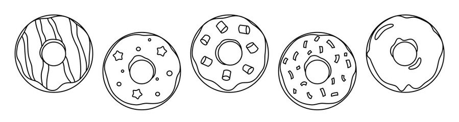 Set of different donuts doodle outline black and white vector illustration