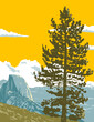 WPA poster art of Half Dome viewed from Glacier Point at the eastern end of Yosemite Valley in Yosemite National Park, California USA done in works project administration or Art Deco style.
