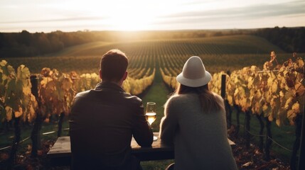 couple enjoying a wine tasting at a vineyard generative ai