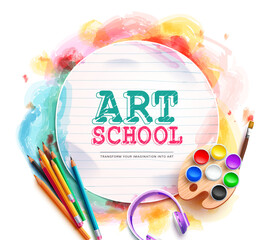 Fototapete - School art text vector template. Art school in empty paper space with coloring and drawing materials. Vector illustration back to school design. 