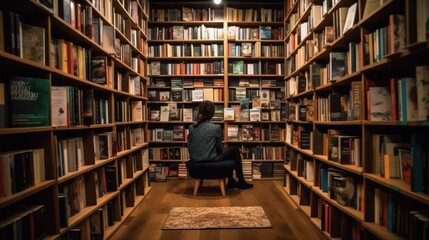 person enjoying a book at a cozy bookstore or library, generative ai