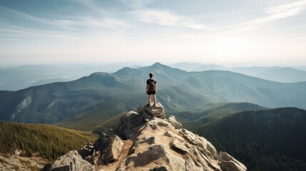 Wall Mural - person enjoying a scenic view from a mountain summit, generative ai