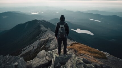 Wall Mural - person enjoying a scenic view from a mountain summit, generative ai