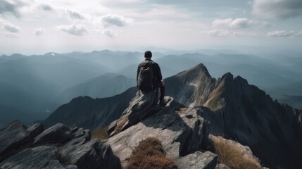 Wall Mural - person enjoying a scenic view from a mountain summit, generative ai