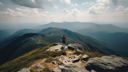 Wall Mural - person enjoying a scenic view from a mountain summit, generative ai