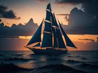 Wall Mural - A single sailboat drifts on the horizon of a calm sea - Generative AI