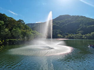 Canvas Print - it is a lake with a fountain gushing out.