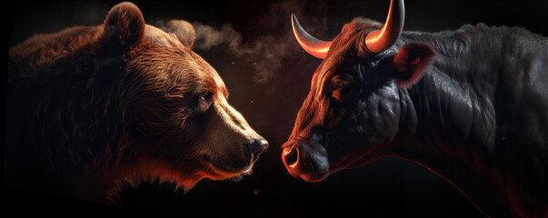 Wall Mural - Majestic brown bear and black bull face to face. Surrounded by fire and smoke, isolated on black background. Generated by Ai