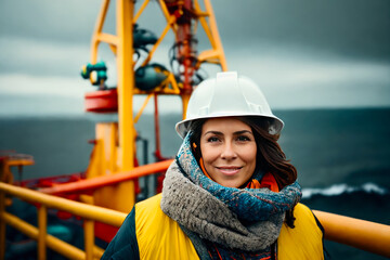 Wall Mural - Portrait of the female oil worker in an orange vest a white construction helmet, sea oil rig background. Generative AI