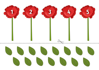 Counting educational children game, math kids activity sheet. Cut out and glue the correct number of leaves on each flower.
