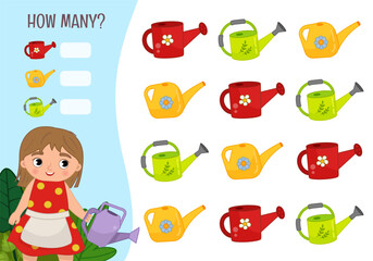 Counting educational children game, math kids activity sheet. How many objects task. Vector illustration of cute little girl watering flowers.
