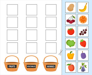 Sticker - Matching children educational game. Put fruits, vegetables and berries in the correct basket.
 Activity for pre sсhool years kids and toddlers.