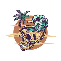 Wall Mural - Skull summer beach t shirt graphic design, hand drawn line style with digital color, vector illustration