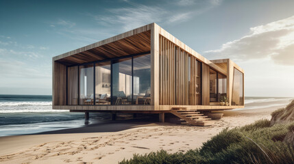 Wall Mural - Cozy modern beach cabin with a wooden facade. Generative AI