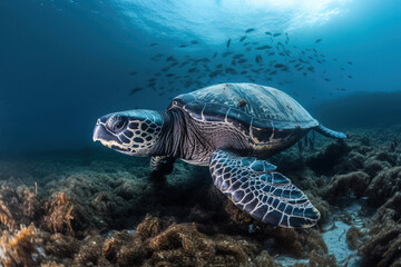 image of a hawksbill turtle swimming under the sea. underwater animals. illustration, generative AI.