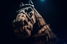 Wooden Trojan Horse Head On A Dark Dramatic Background, Generative AI