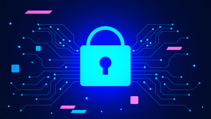 Poster - Cyber security and data protection background with padlock and electronic circuit board. Secure technology for business web and internet.