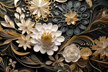 Luxury Floral Seamless With Flowers Elegant Leather Texture Illustration Background In Golden, Green, White, And Black Colors. 3d Abstraction Wallpaper For Interior Mural Wall Art Decor, Generative AI