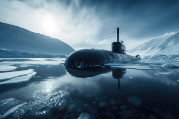 Wall Mural - Nuclear military Submarine in north waters of Arctic, generative AI
