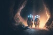 Sci-fi concept of two astronauts discovering a deceased alien on an abandoned planet. Fantasy concept , Illustration painting. Generative AI