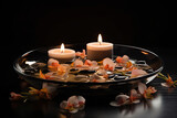 Fototapeta Łazienka - Bowl of water with floating flower petals, surrounded by lit candles and stones