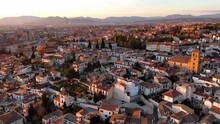 Aerial View Of Granada City, Albaicin District At Sunset, Old Moorish Quarter Of The City, Located On A Hill Facing The Alhambra. Andalusia, Spain