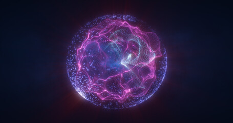 abstract purple energy sphere from particles and waves of magical glowing on a dark background