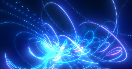 Poster - Abstract blue and purple glowing neon lines and circles energy laser flying on a black background