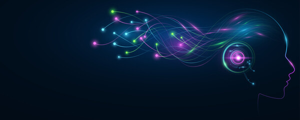 Poster - artificial intelligence analyzes data information with neural networks. cybernetic sci-fi concept. g