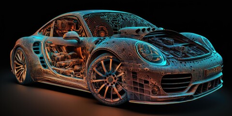 Poster - structure design hologram of a sports car. superlative generative ai image. generative ai