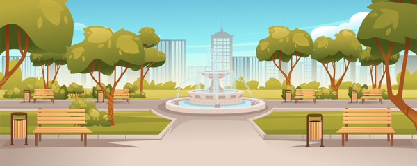 Landscape design park isometric colored composition with part of the park with fountains and green trees around vector illustration