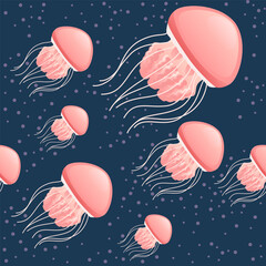 Wall Mural - Seamless pattern with red jellyfish vector illustration on blue background