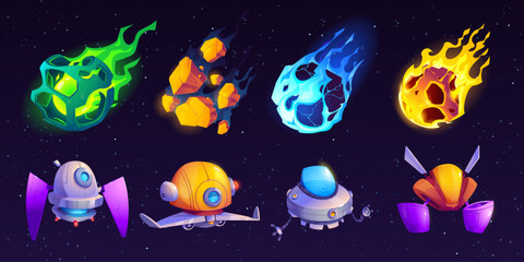Poster - vector galaxy falling asteroid and alien spaceship cartoon set on space background with star and pla
