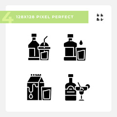 Wall Mural - Bottled beverages pixel perfect black glyph icons set on white space. Alcohol and soft drinks. Liquid refreshments. Silhouette symbols. Solid pictogram pack. Vector isolated illustration